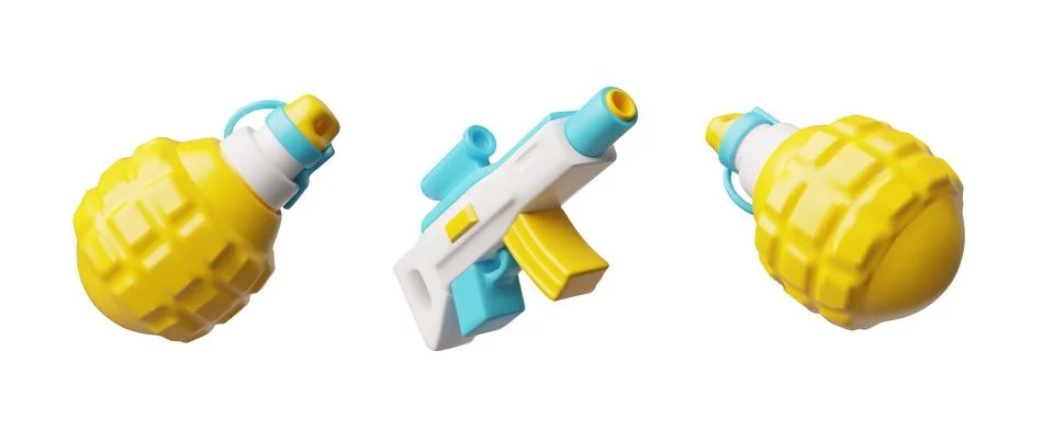 Vector 3D set of combat weapons: rifle, grenade from different sides, yellow and Stock Illustration