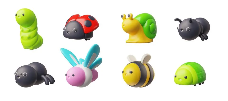 Vector 3D set of kawaii insects, butterfly, bee, caterpillar, spider, ant Illustrazione stock