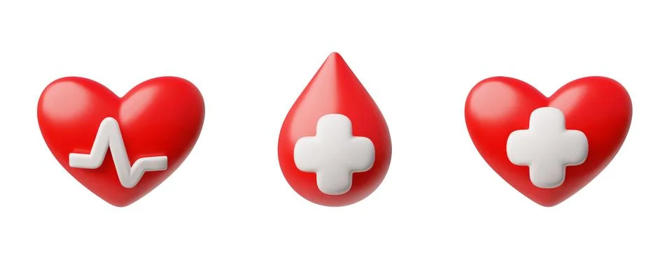 Vector 3d set with red hearts and blood drop with white crosses and heartbeat Stock Illustration
