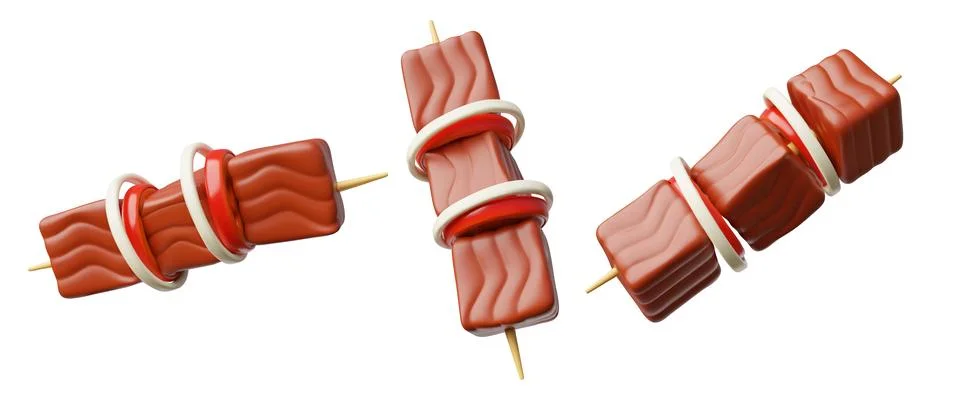 Vector 3d set of shashlik with vegetables on a skewer in different directions. Stock Illustration