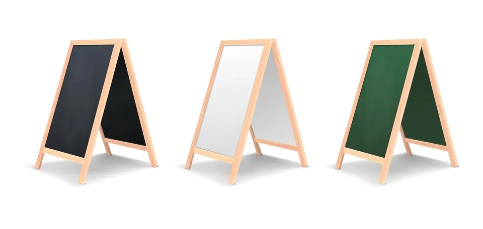 Vector 3d Set of Three A-Frame Sidewalk Signs with Wooden Frames. Black White Stock Illustration