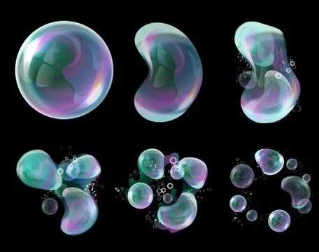 Vector 3d soap transparent bubbles in the deformation. Water spheres, realistic Stock Illustration