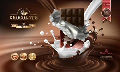 Vector 3D splashes of melted chocolate and milk with falling pieces of chocolate Stockillustratie
