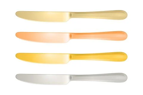 Vector 3d Stainless Steel Silver and Golden Dinner Knives Set. Modern Table Illustrazione stock