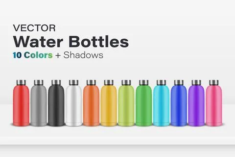 Vector 3d Stainless Steel Water Bottle Set. 10 Color Reusable Drink Bottles with Stock-Illustration