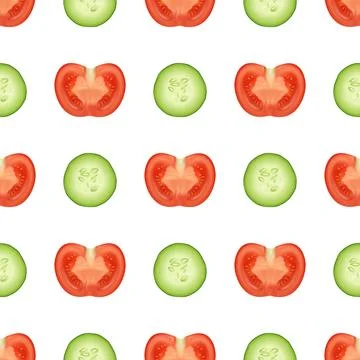 Vector 3d Tomato and Cucumber Seamless Pattern. Fresh Vegetable Slice Repeat Illustrazione stock