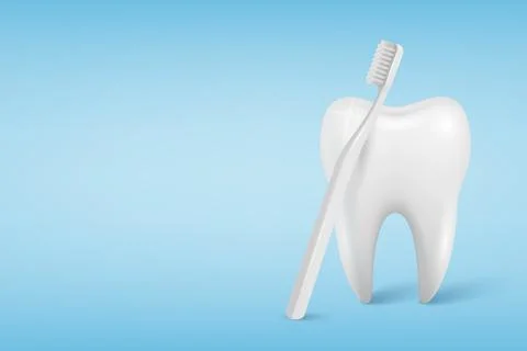 Vector 3d Tooth with Toothbrush on Blue Background. Dental Care and Oral Hygiene Stock Illustration