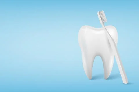 Vector 3d Tooth with Toothbrush on Blue Background. Dental Care and Oral Hygiene Stock Illustration