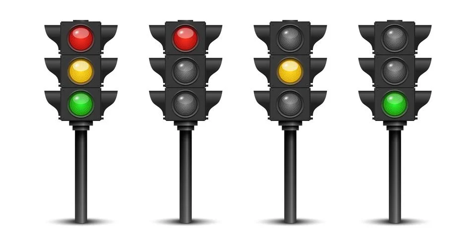Vector 3d Traffic Light Set With Red Yellow Green Signals. Street Intersection Stock Illustration