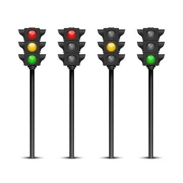 Vector 3d Traffic Light Set With Red Yellow Green Signals. Street Intersection Stock Illustration