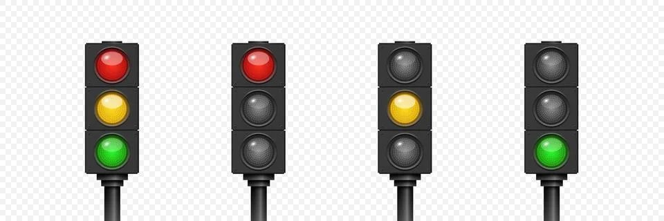 Vector 3d Traffic Light Set With Red Yellow Green Signals. Street Intersectio Stock Illustration