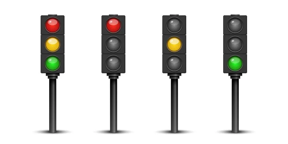 Vector 3d Traffic Light Set With Red Yellow Green Signals. Street Intersectio Stock Illustration