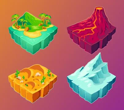Vector 3D tropical island, volcanic island, desert, ice island, design elements Illustrazione stock