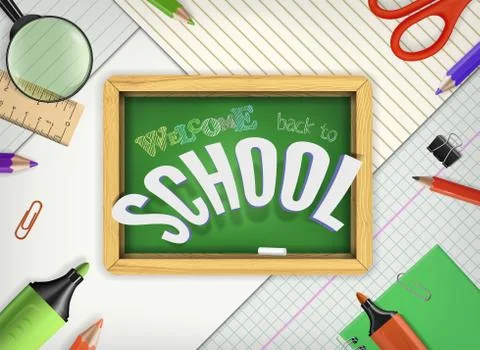 Vector 3d welcome Back to School Title Poster Design with School Items around a Stock Illustration