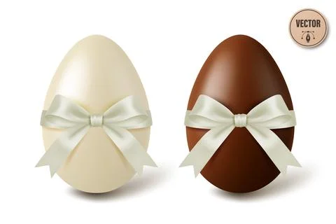 Vector 3d White and Black Chocolate Easter Eggs with White Satin Bows, Isolated Stock Illustration