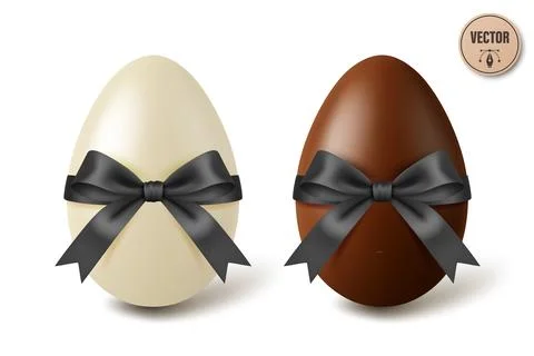 Vector 3d White and Black Chocolate Easter Eggs with Black Satin Bows, Isolated Stock Illustration