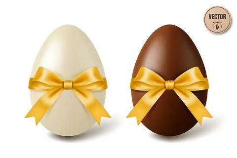 Vector 3d White and Black Chocolate Easter Eggs with Yellow Satin Bows, Isolated Stock Illustration