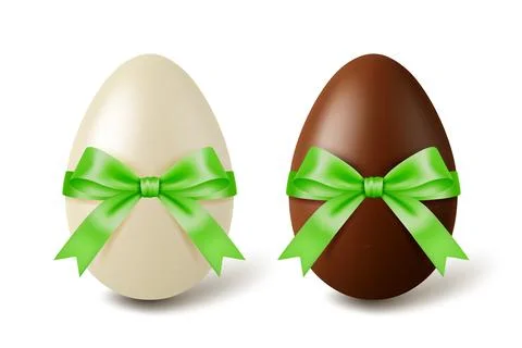 Vector 3d White and Black Chocolate Easter Eggs with Green Satin Bows, Isolated Stock Illustration
