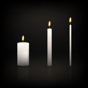 Vector 3d White Candle Set. Realistic Candles, Pillar, Taper Candles with Flame Stock Illustration