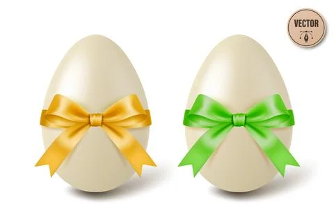 Vector 3d White Chocolate Easter Eggs with Yellow and Green Satin Bows, Isola Stock Illustration