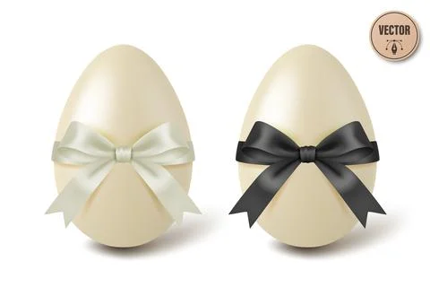 Vector 3d White Chocolate Easter Eggs with White and Black Satin Bows, Isolat Stock Illustration