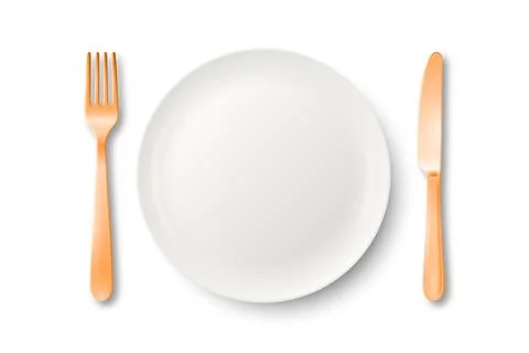 Vector 3d White Empty Plate with Fork and Knife. Table Setting Top View. Minimal Illustrazione stock