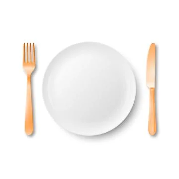 Vector 3d White Empty Plate with Fork and Knife. Table Setting Top View. Minimal Illustrazione stock