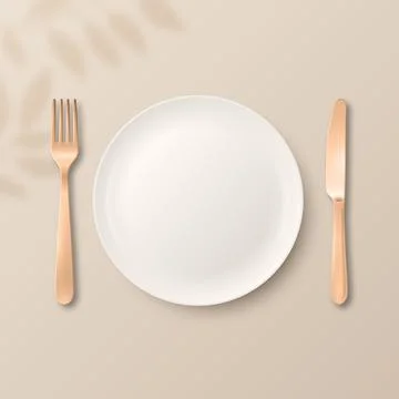 Vector 3d White Empty Plate with Silver Fork and Knife. Table Setting Top Vie Stock Illustration