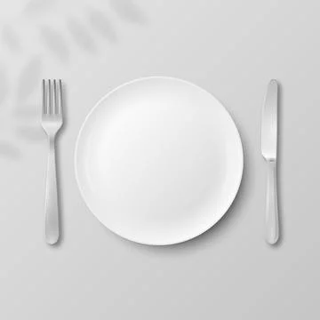 Vector 3d White Empty Plate with Silver Fork and Knife. Table Setting Top Vie Ilustração Stock
