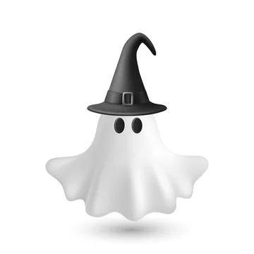 Vector 3d White Ghost with Black Witch Hat, Isolated. Cute Simple White Ghost Stockillustratie