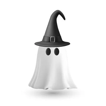 Vector 3d White Ghost with Black Witch Hat, Isolated. Cute Simple White Ghost Stockillustratie