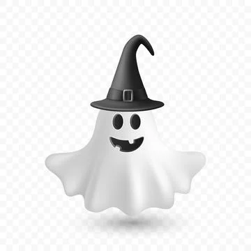 Vector 3d White Ghost with Black Witch Hat, Isolated. Cute Simple White Gho.. Stock Illustration
