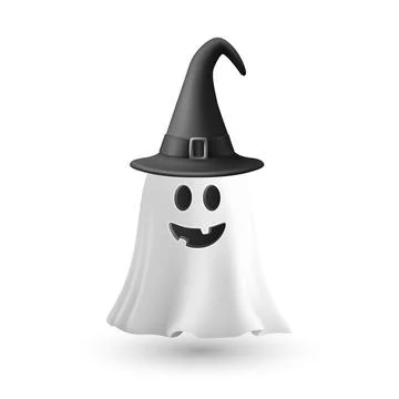 Vector 3d White Ghost with Black Witch Hat, Isolated. Cute Simple White Gho.. Stock Illustration