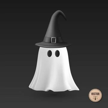 Vector 3d White Ghost with Black Witch Hat, Isolated. Cute Simple White Gho.. Stock Illustration