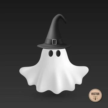 Vector 3d White Ghost with Black Witch Hat, Isolated. Cute Simple White Gho.. Stock Illustration