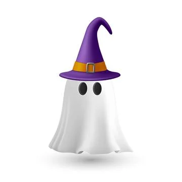 Vector 3d White Ghost with Purple Witch Hat, Isolated. Cute Simple White Ghost Illustrazione stock