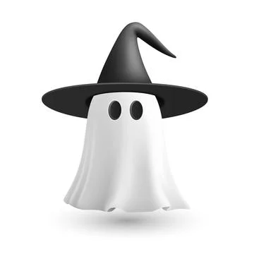 Vector 3d White Ghost with Witch Hat. Cute Simple White Ghost Vector Ilustração Stock