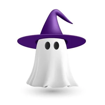 Vector 3d White Ghost with Witch Hat. Cute Simple White Ghost Vector Stockillustratie
