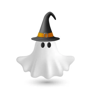 Vector 3d White Ghost with Witch Hat, Isolated. Cute Simple White Ghost Vector Stockillustratie