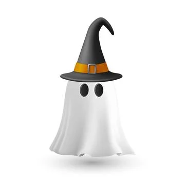 Vector 3d White Ghost with Witch Hat, Isolated. Cute Simple White Ghost Vector Stockillustratie