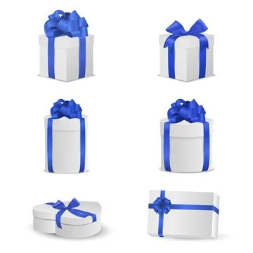 Vector 3d White Gift Boxes Set with Blue Ribbon Bow, Vector Illustration. Luxury Stock Illustration