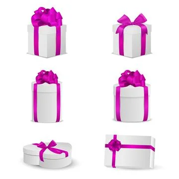Vector 3d White Gift Boxes Set with Magenta Ribbon Bow, Vector Illustration Stock Illustration