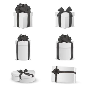 Vector 3d White Gift Boxes Set with Black Ribbon Bow. Realistic 3d Vector Stock Illustration