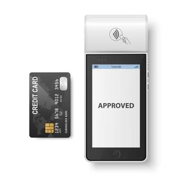 Vector 3d White NFC Payment Machine, Approved Status and Credit Card Isolated Stock Illustration