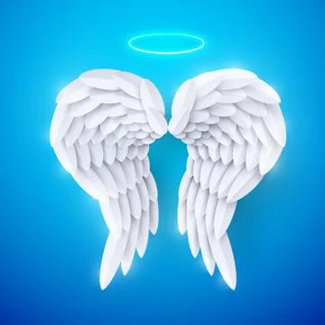 Vector 3d white realistic layered paper cut angel wings Stock Illustration