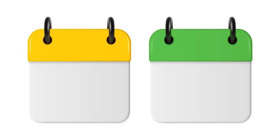 Vector 3d Yellow and Green Calendar Icon Set. Blank Calendar Icon Template for Illustration