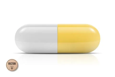 Vector 3d Yellow and White Capsule Pill Isolated. Realistic 3d Medicine Stock-Illustration