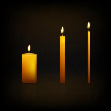 Vector 3d Yellow Candle Set. Realistic Candles, Pillar, Taper Candles with Flame Stock Illustration