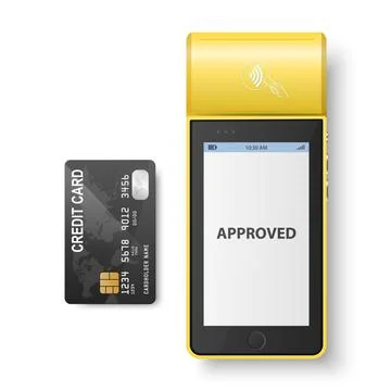 Vector 3d Yellow NFC Payment Machine, Approved Status and Credit Card Isolated Stock Illustration