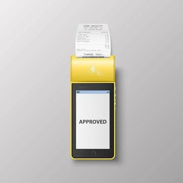Vector 3d Yellow NFC Payment Machine with Approved Status and Paper Receipt Stock Illustration